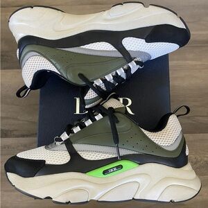 Technical Mesh Calfskin Mens Sneakers Olive Green Black Grey White